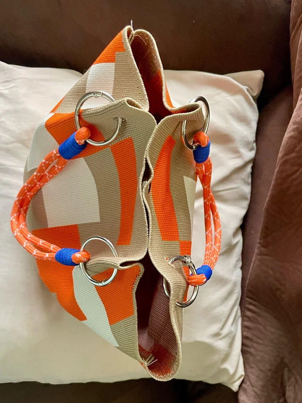 Canvas Tote Bag in Orange, White & Tan